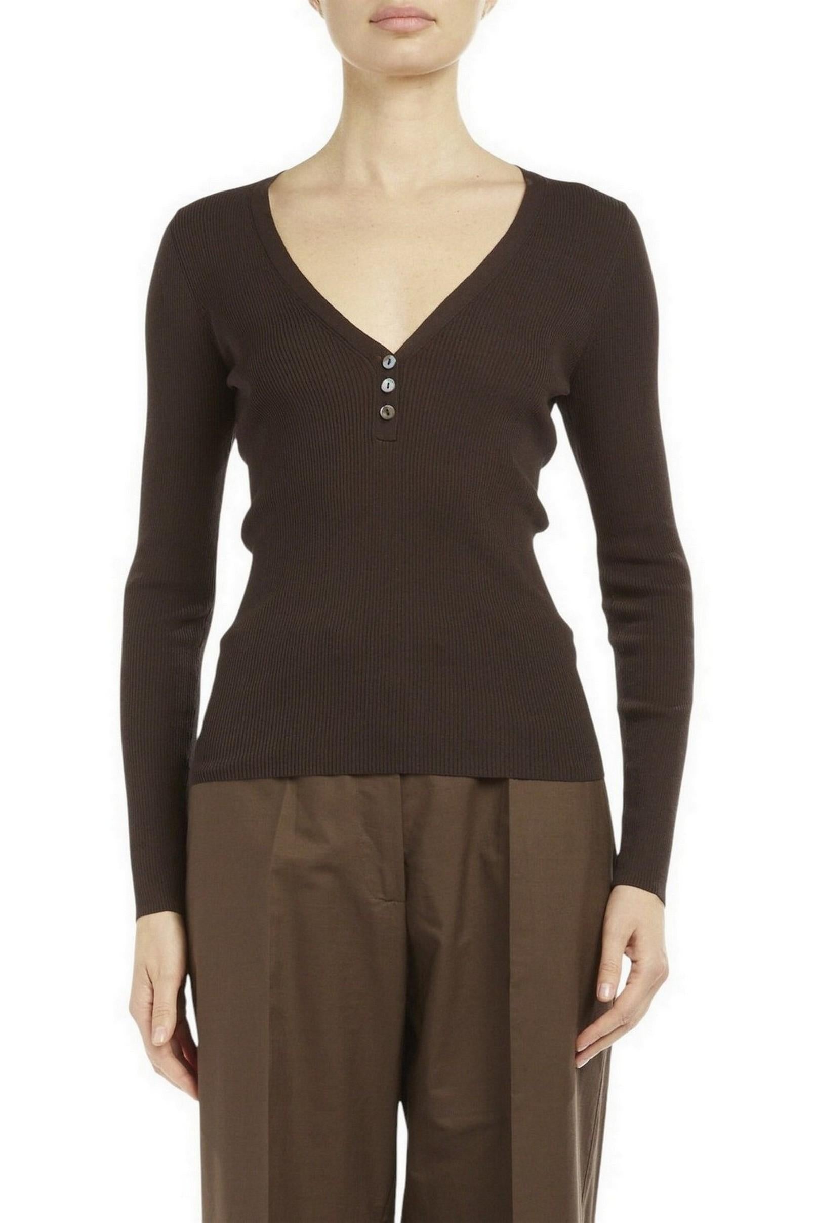 maglia donna serafino a costine marrone