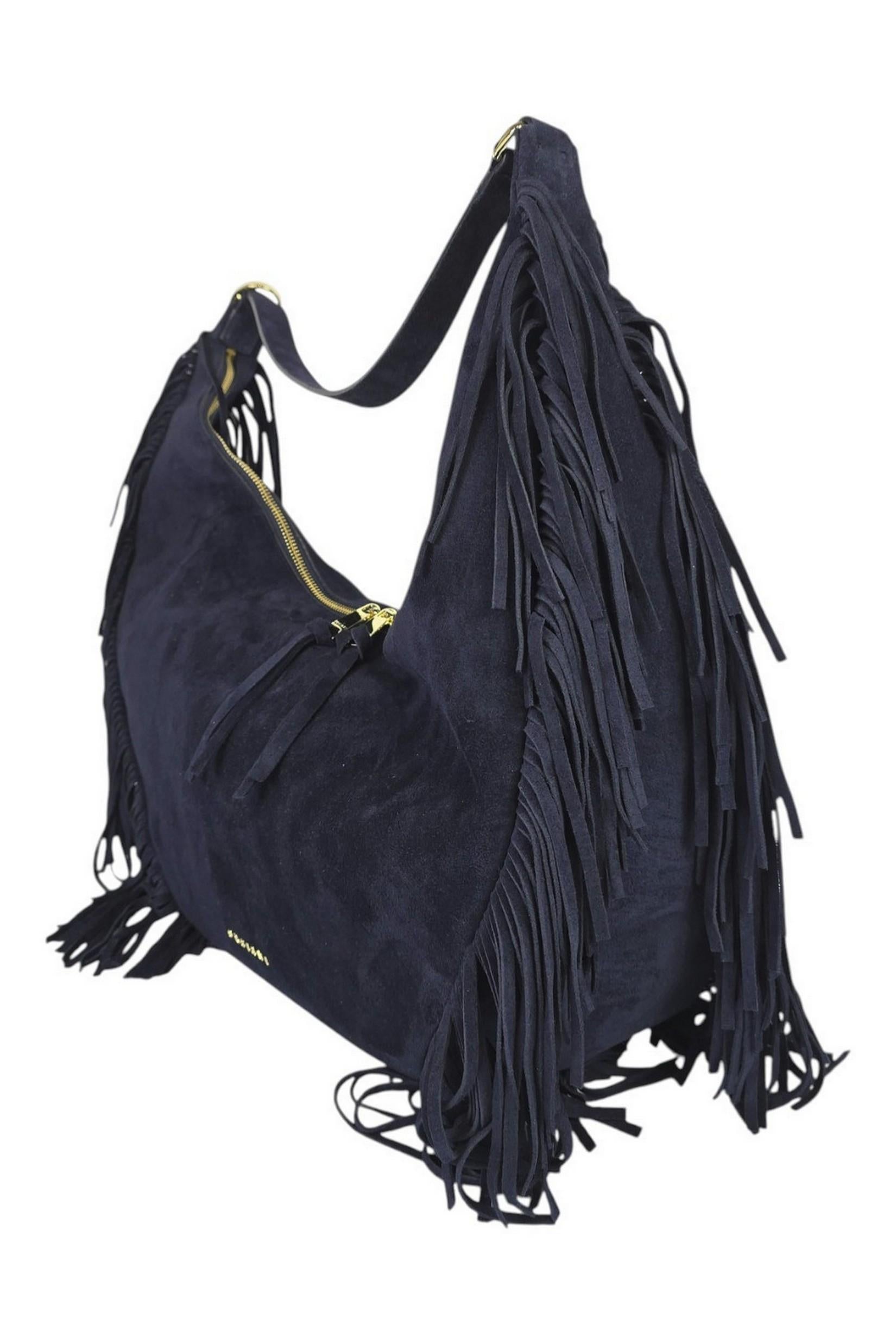 borsa donna isola in camoscio con frange blu