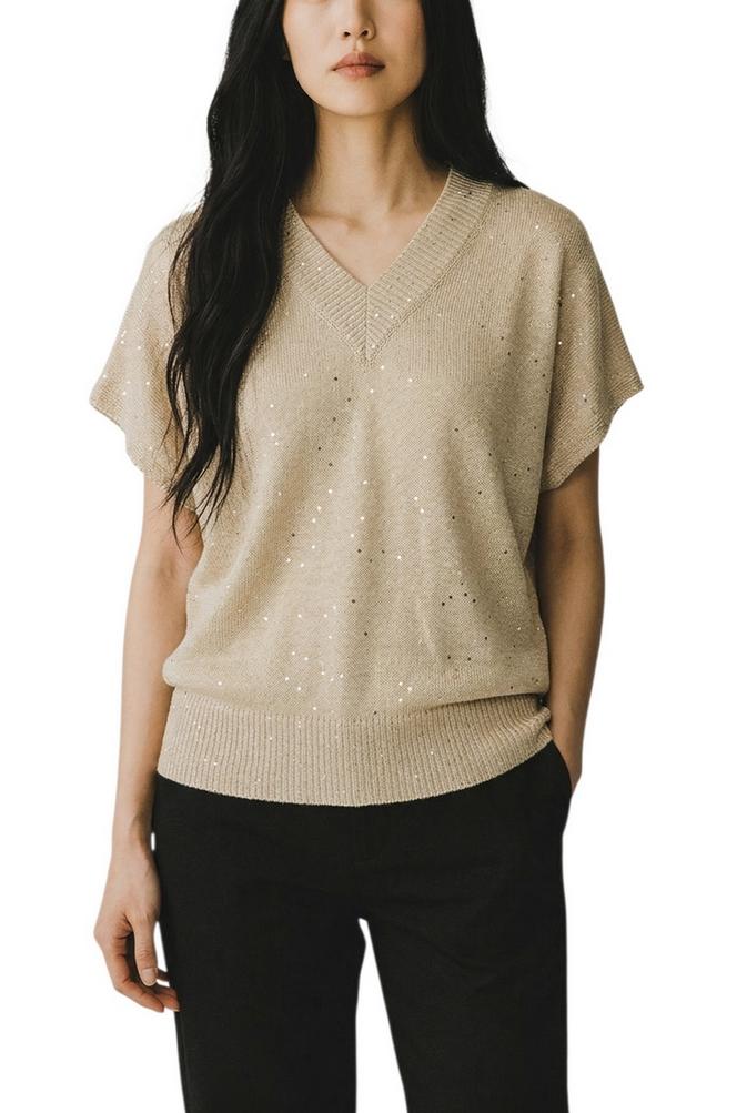gilet donna scollo a v con paillettes beige
