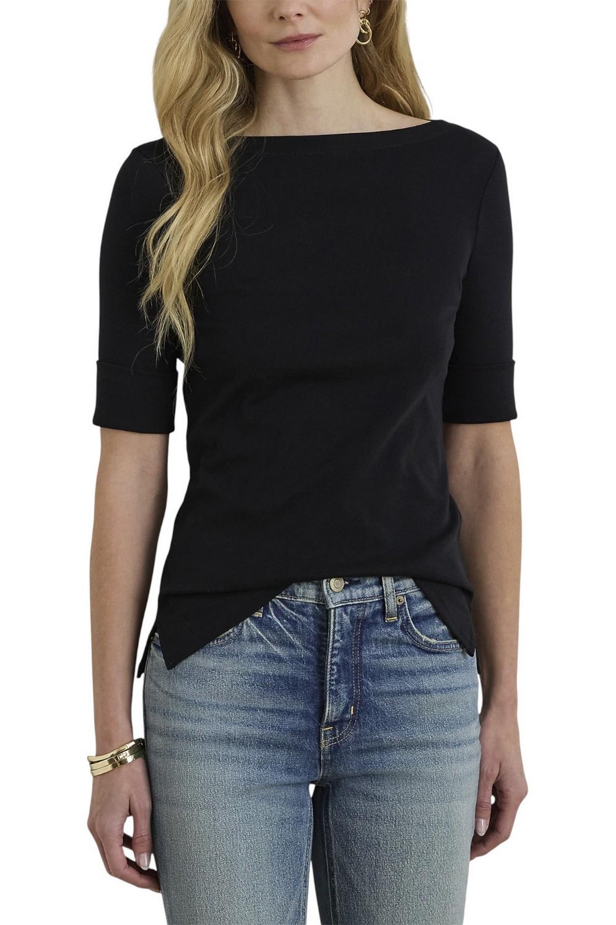 t-shirt donna nero con scollo a barca