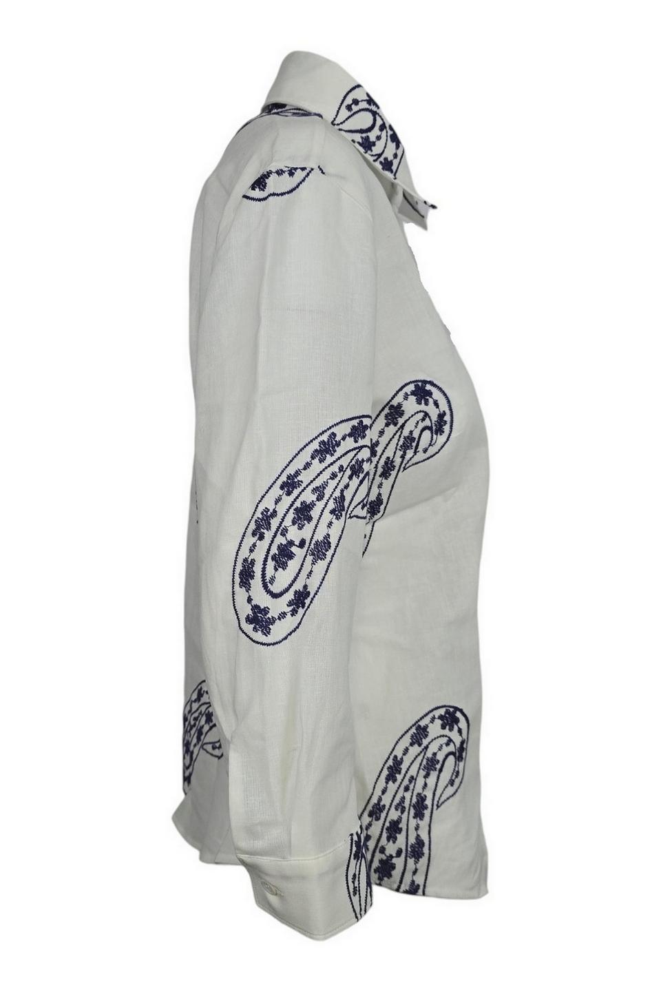 camicia donna con ricami paisley bianco e blu