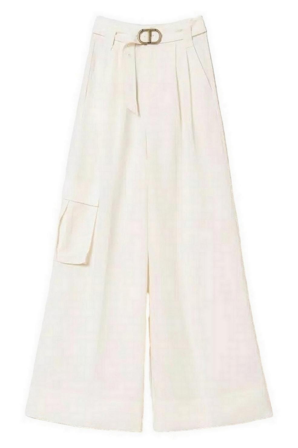Pantaloni donna wide leg in tela di misto lino avorio