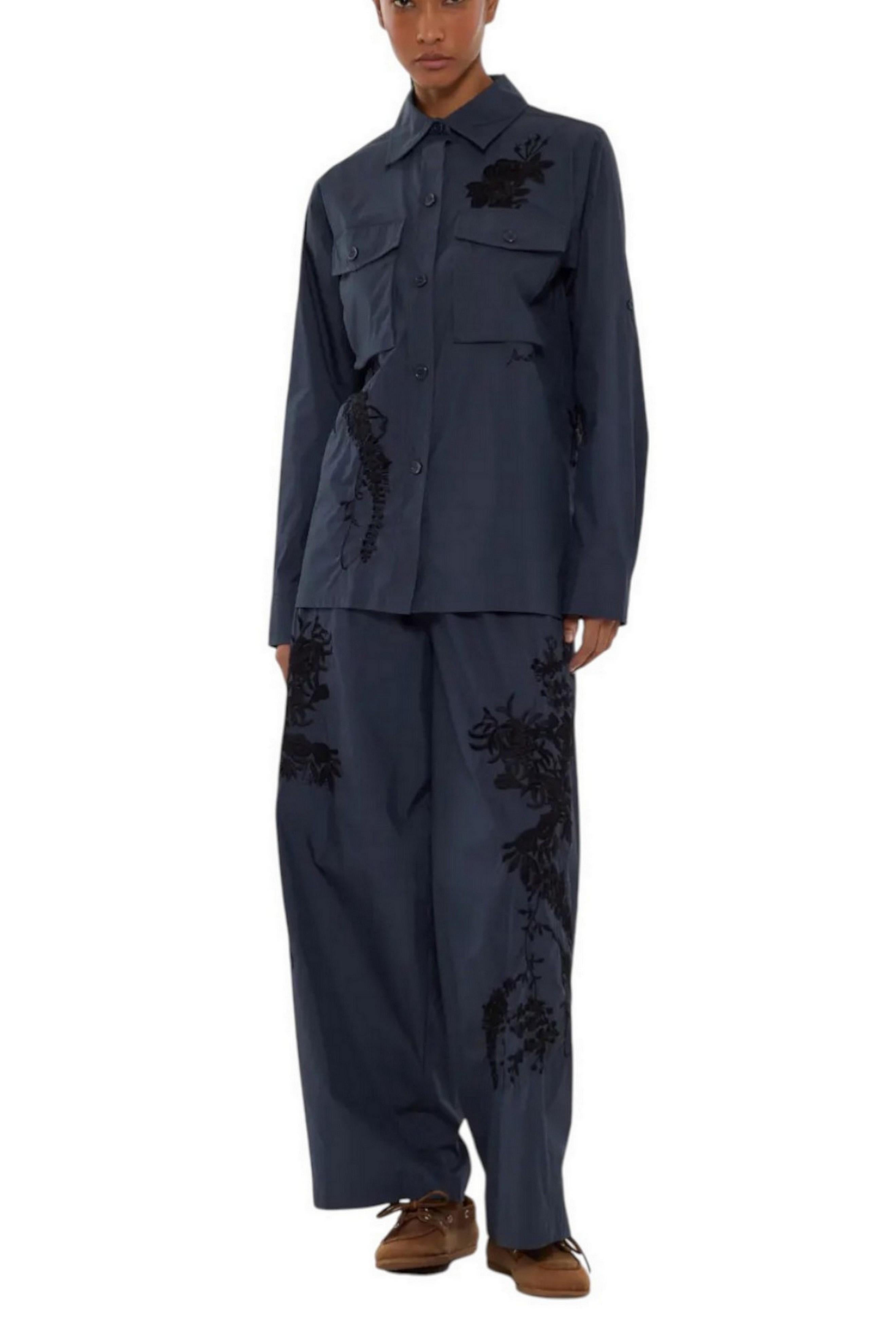 pantalone donna in nylon ricamato blu e nero