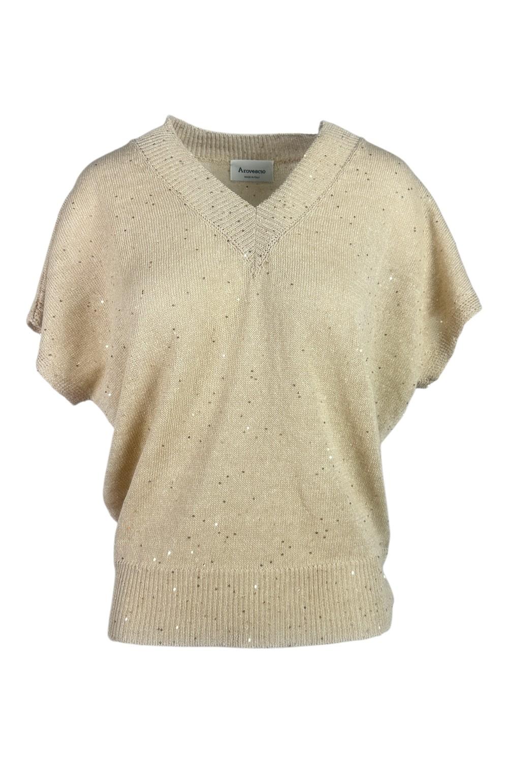 gilet donna scollo a v con paillettes beige