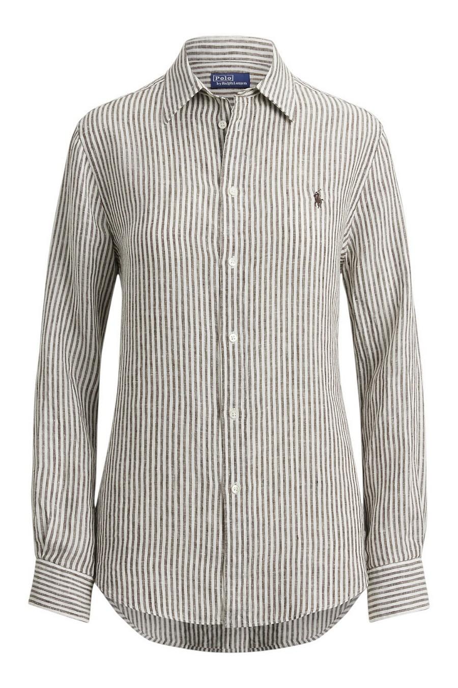 camicia donna in lino over a righe marrone e bianco