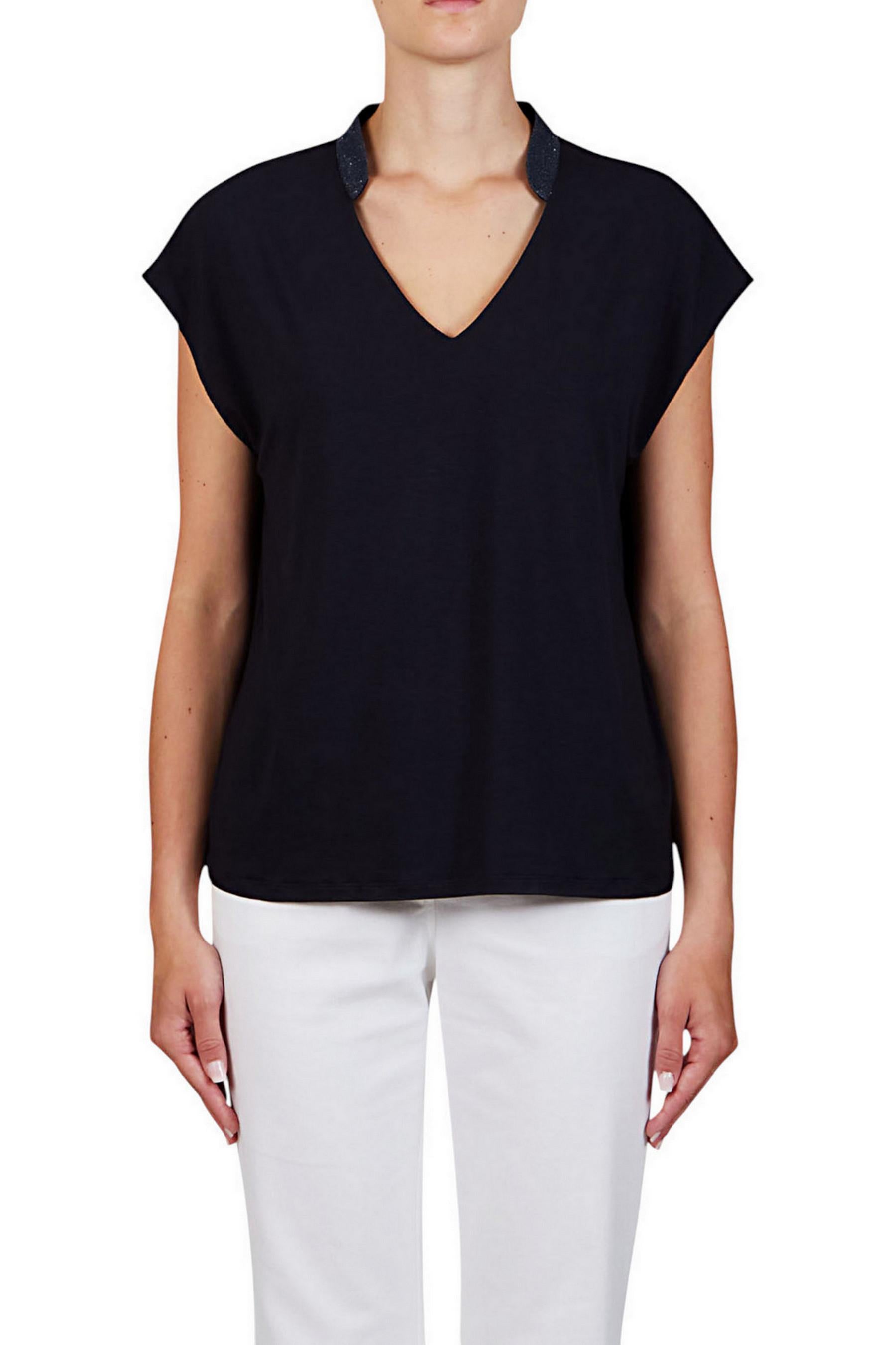 t-shirt donna manica corta con dettagli lurex blu