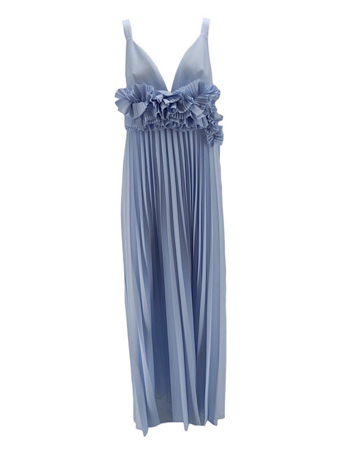 Abito donna lungo azzurro plisset con fiori applicati