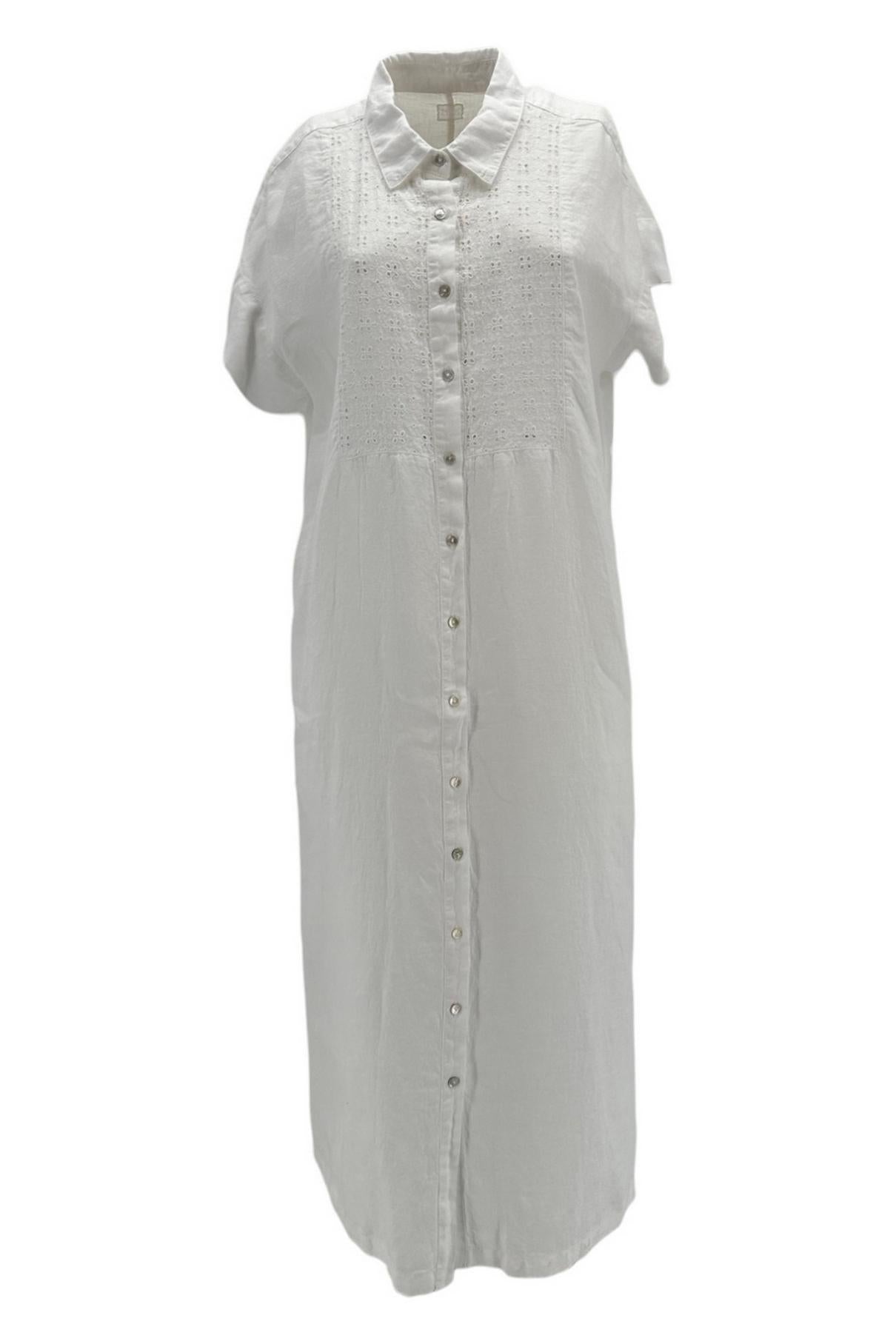 abito donna in lino bianco con plastron in sangallo