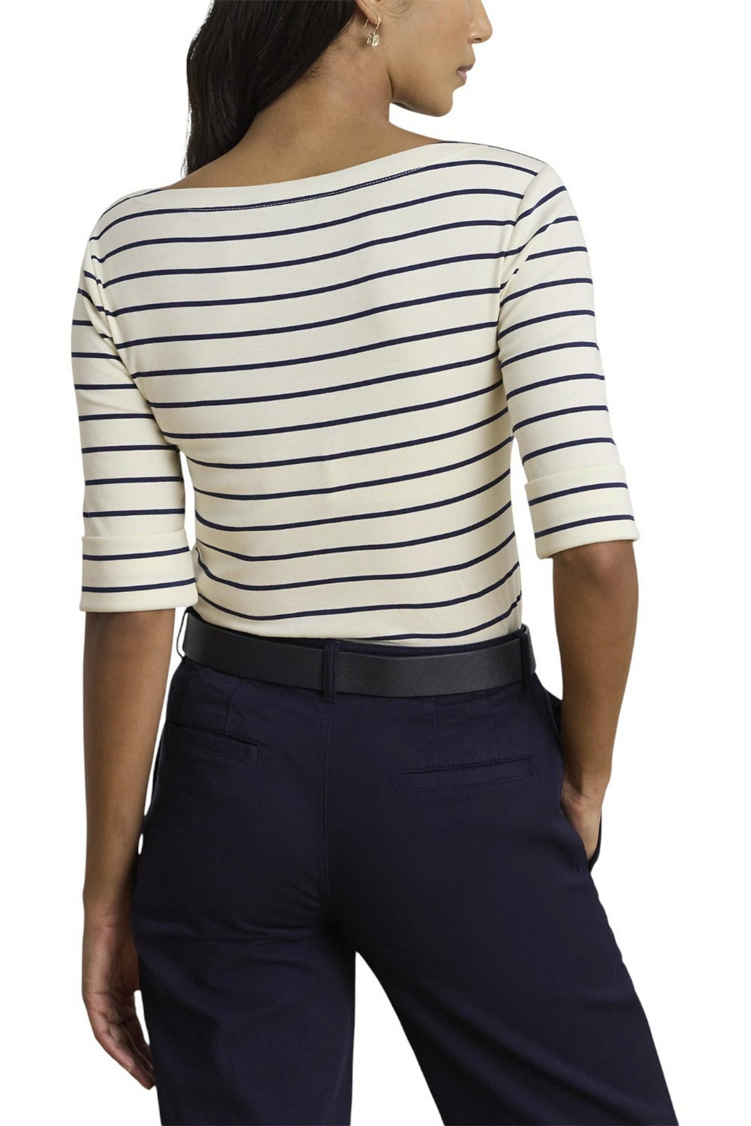 t-shirt donna con manica al gomito a righe avorio e blu