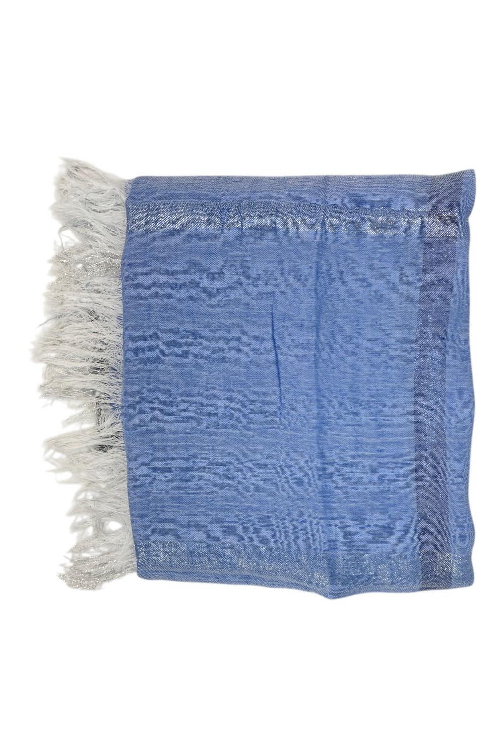 sciarpa donna in lino a righe con frange azzurro