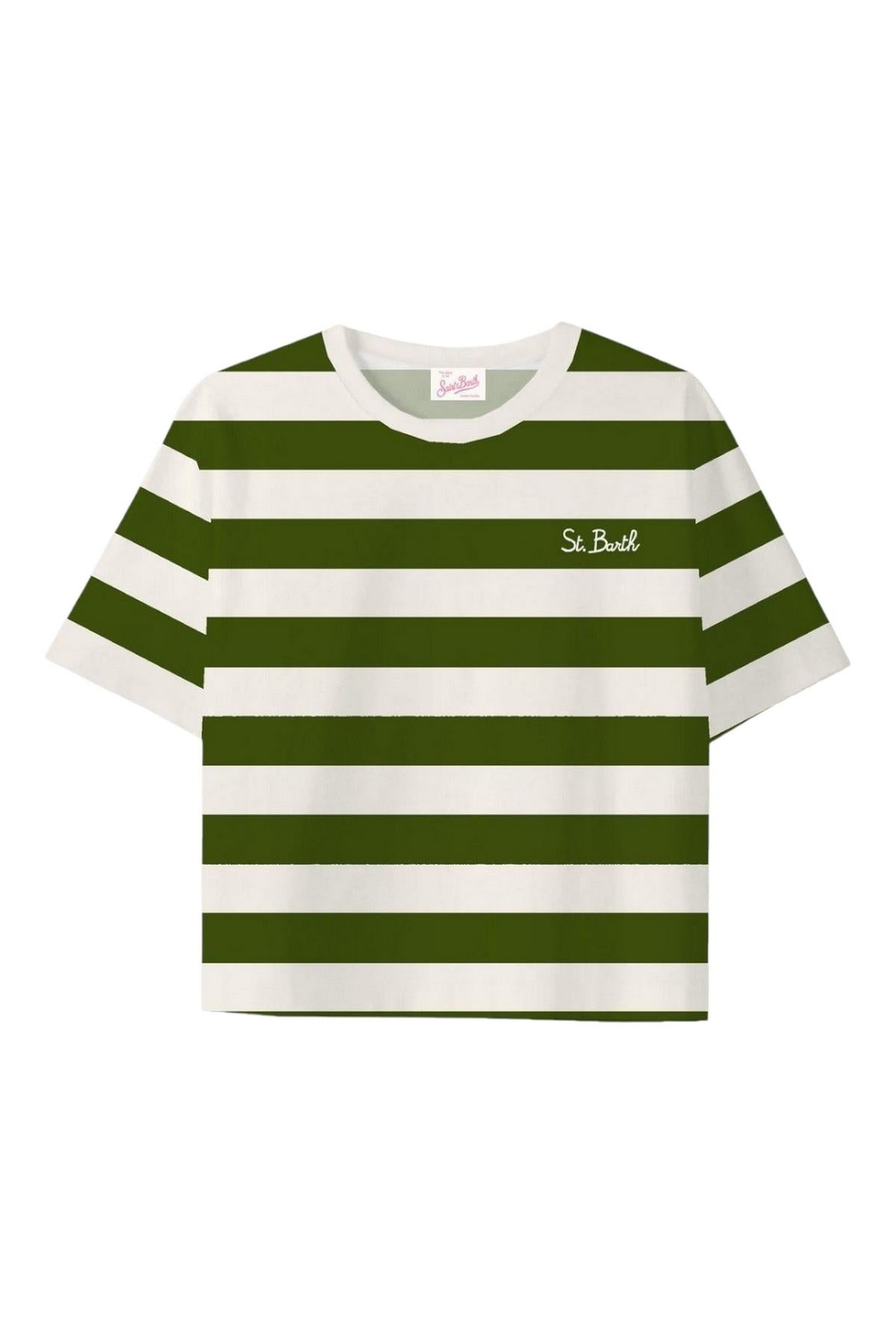 t-shirt donna rigata cropped militare e bianco