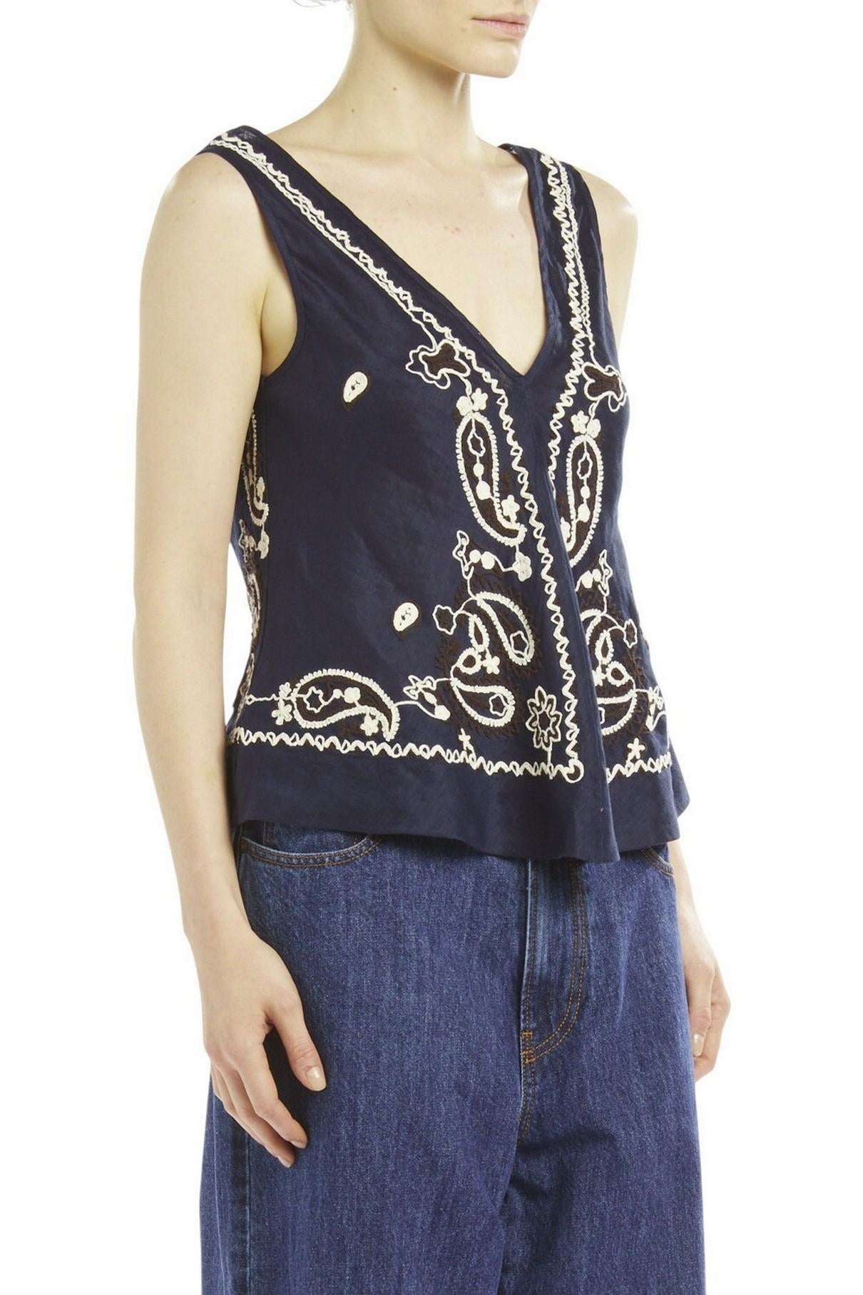 canotta donna in lino ricamato blu e marrone