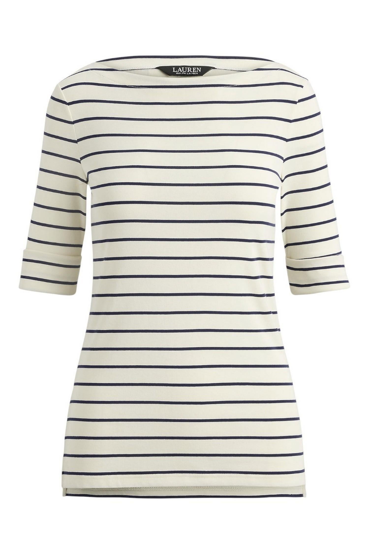 t-shirt donna con manica al gomito a righe avorio e blu
