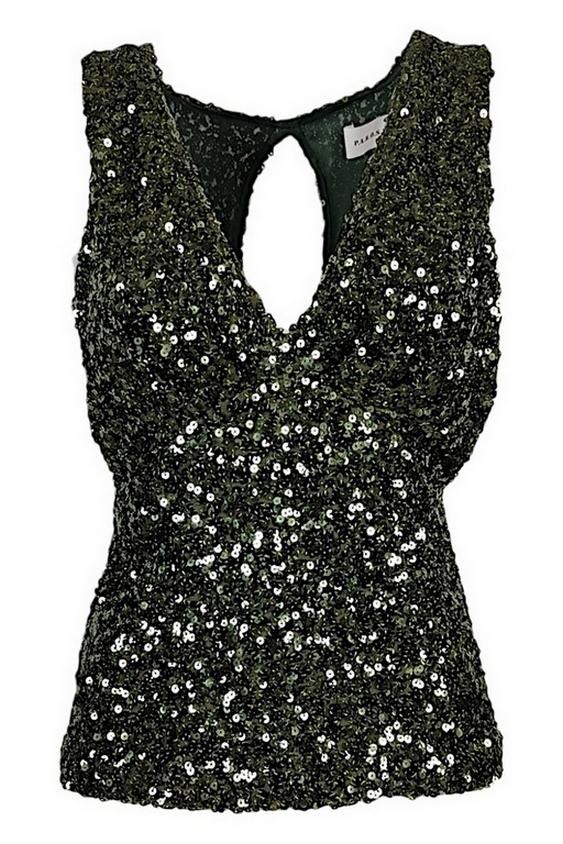 Top donna verde militare in paillettes stretch