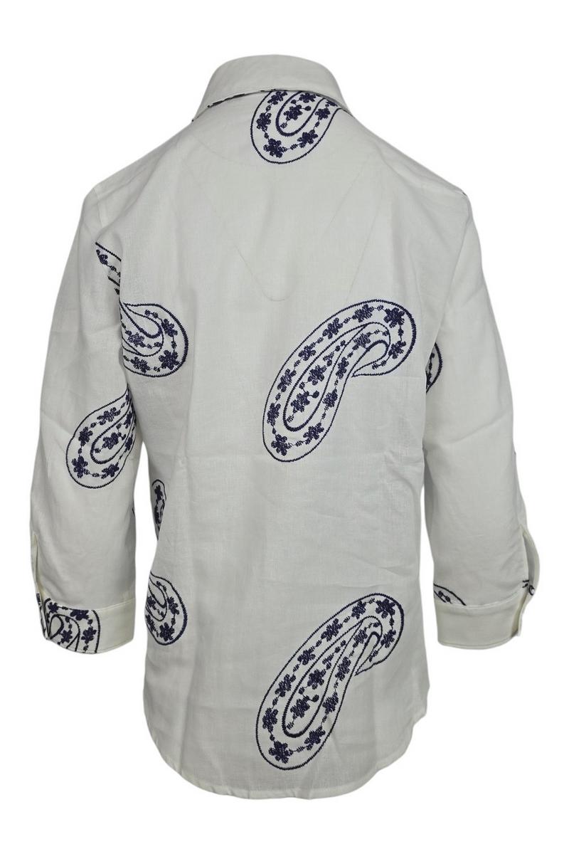 camicia donna con ricami paisley bianco e blu