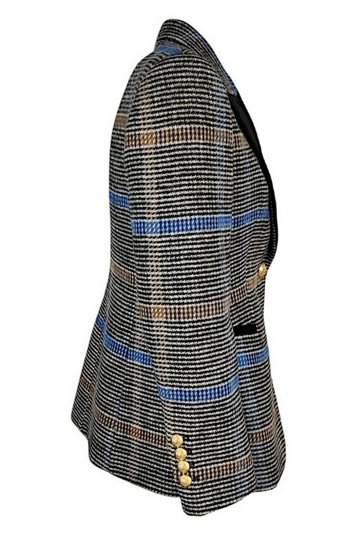 Giacca donna fantasia galles con rever in velluto nero bianco e blu