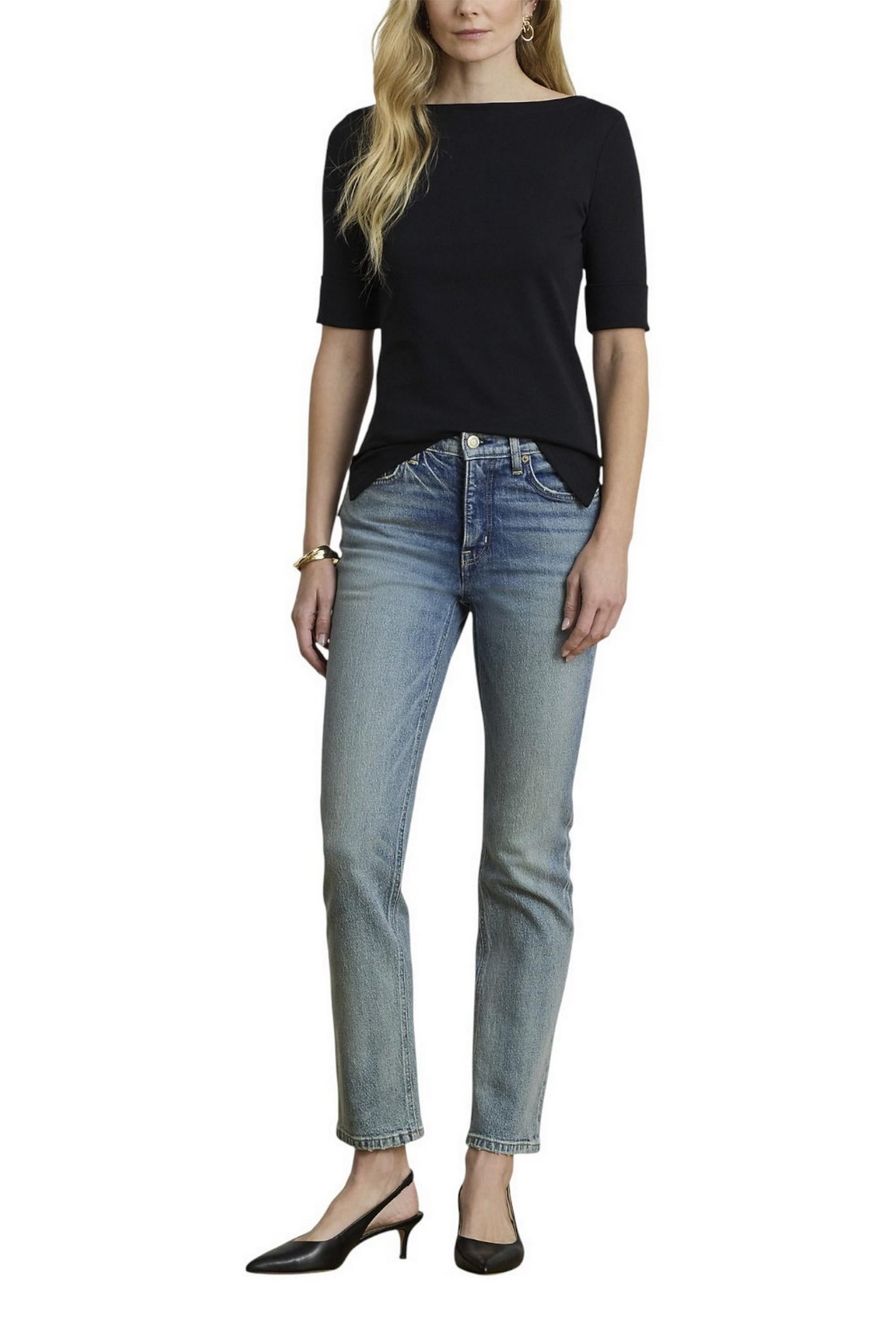 t-shirt donna nero con scollo a barca