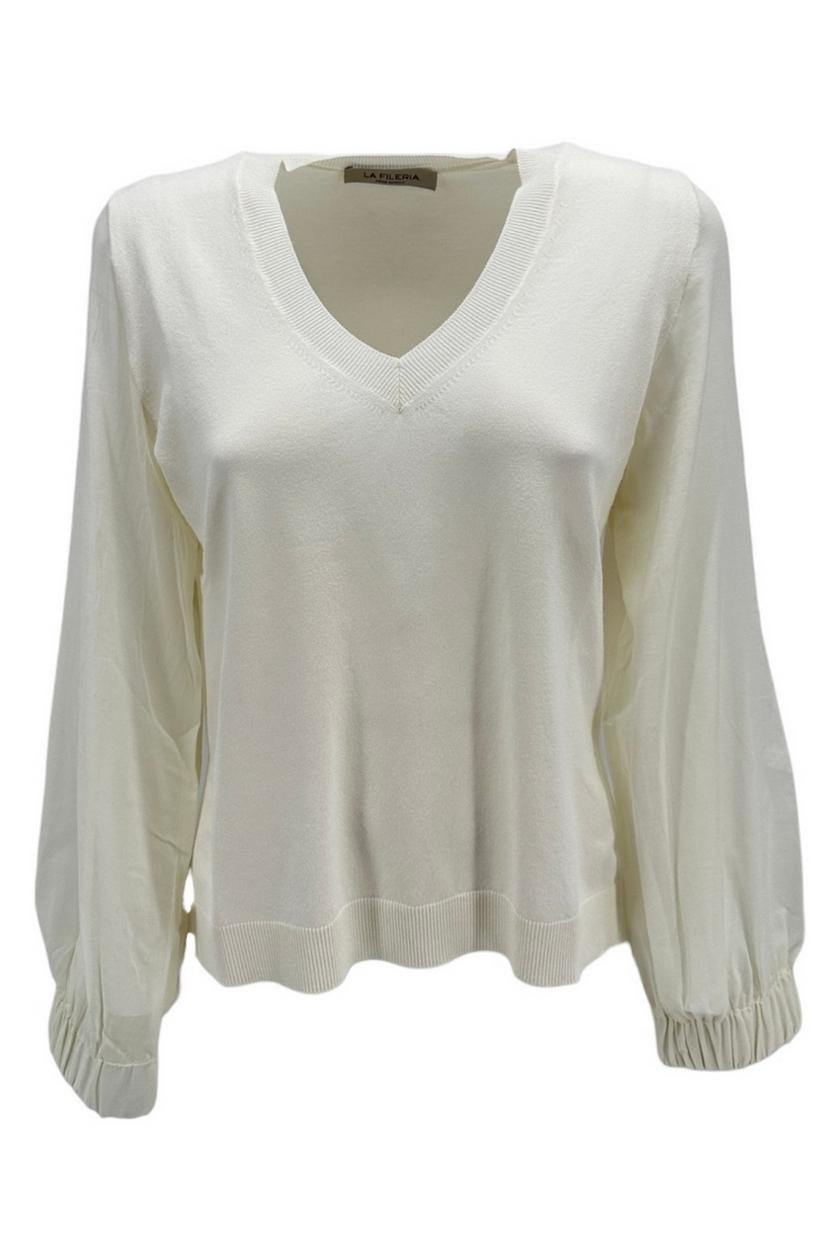 maglia donna avorio scollo a v con maniche in mussola