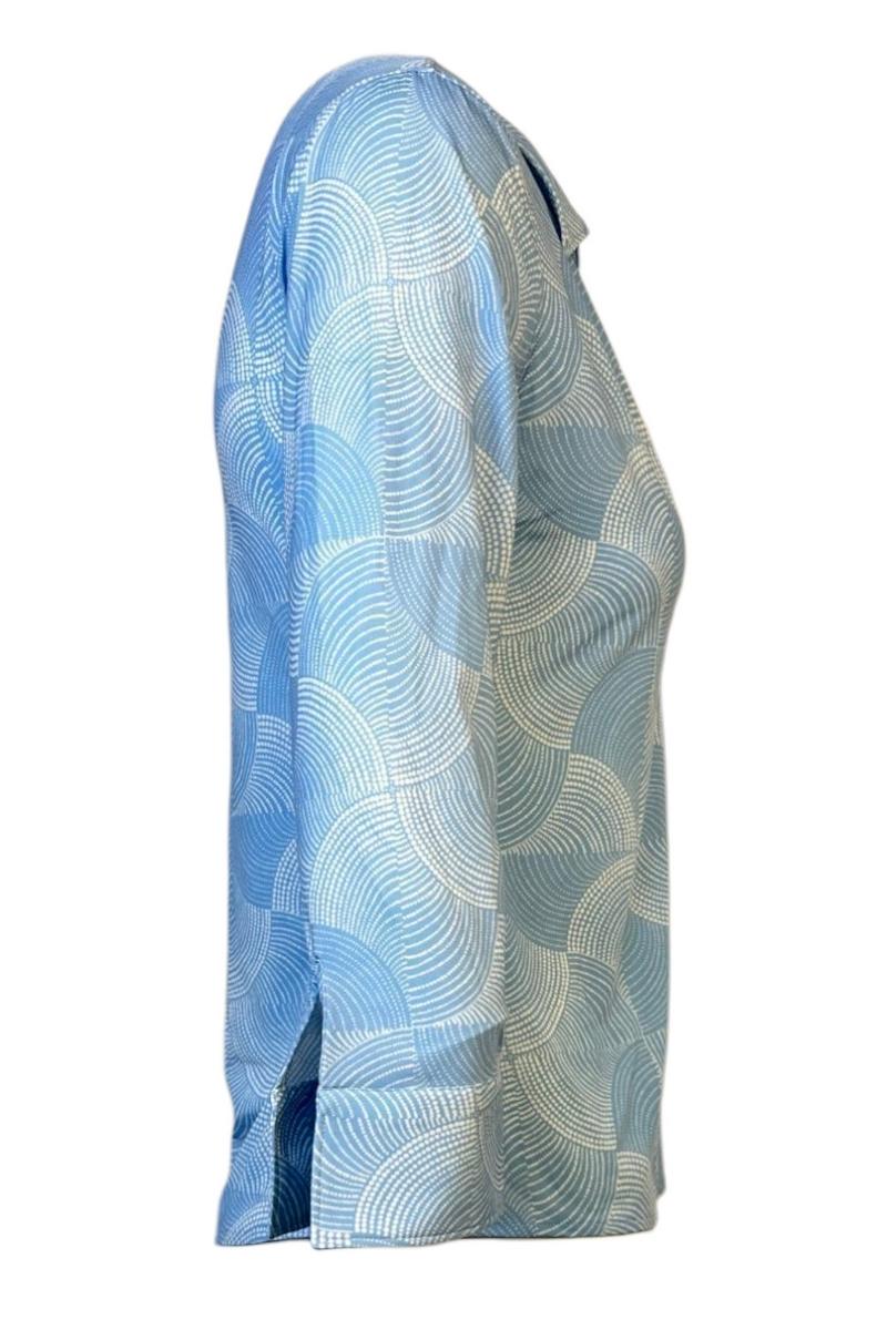 camicia donna in skinlike fantasia spirali azzurra e bianca
