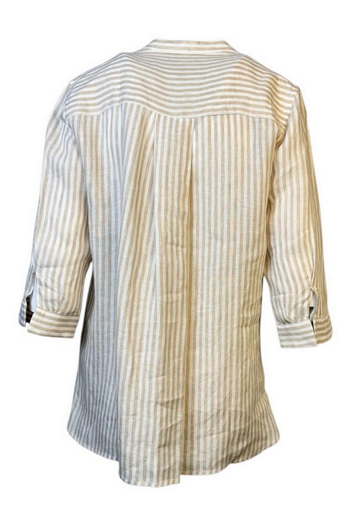 camicia donna fantasia righe in lino biaca e beige