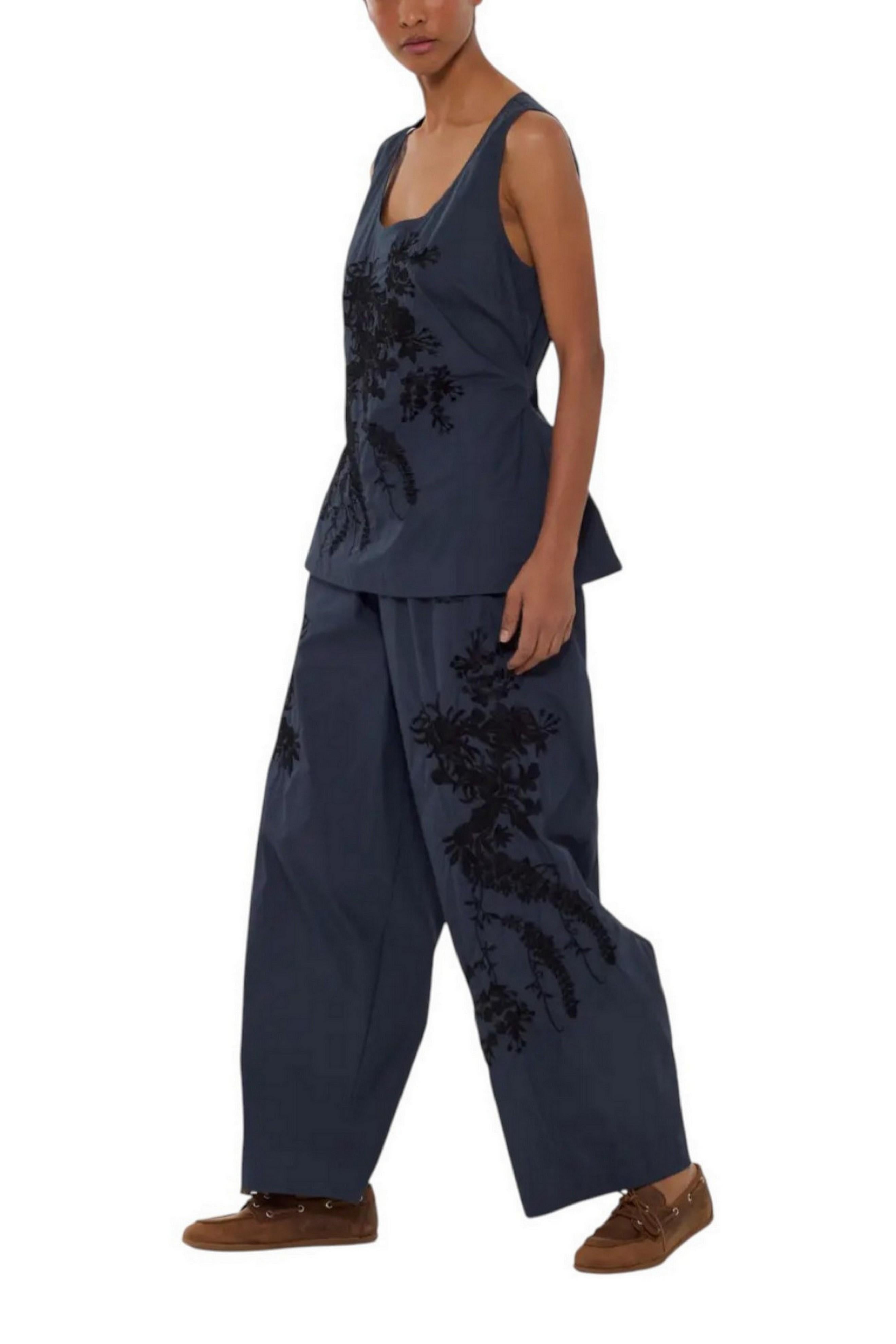 pantalone donna in nylon ricamato blu e nero