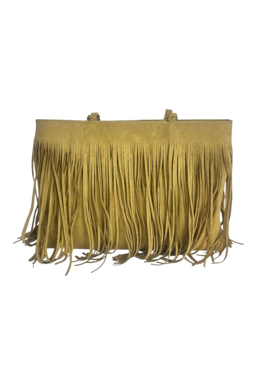 shopping donna in eco-daino con frange cammello