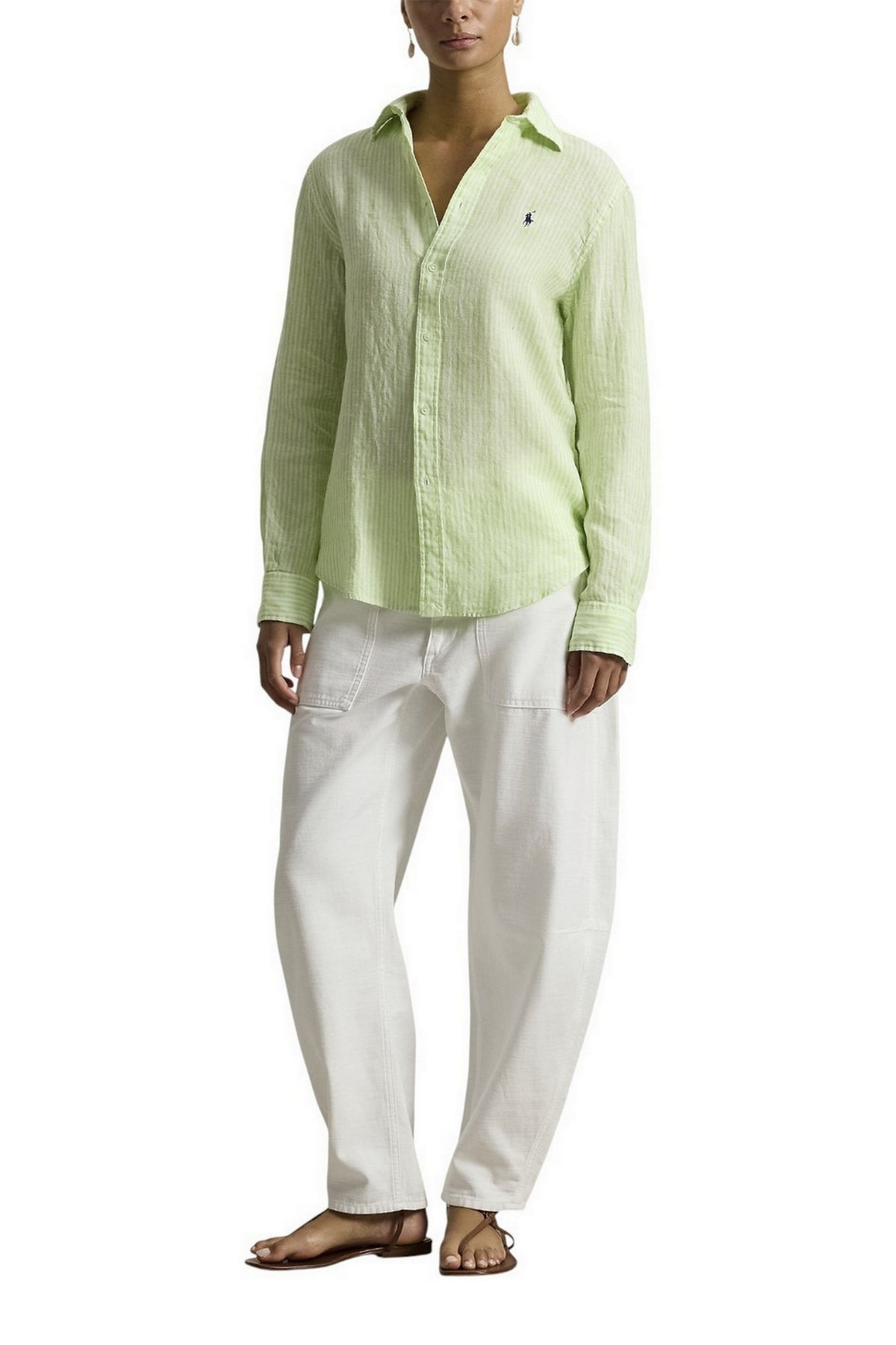 camicia donna in lino over a righe lime e bianco 