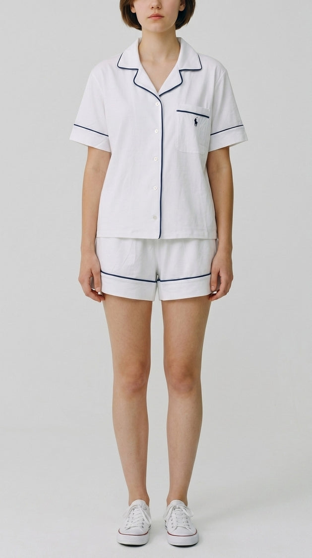 camicia donna e short in jersey bianco e blu 