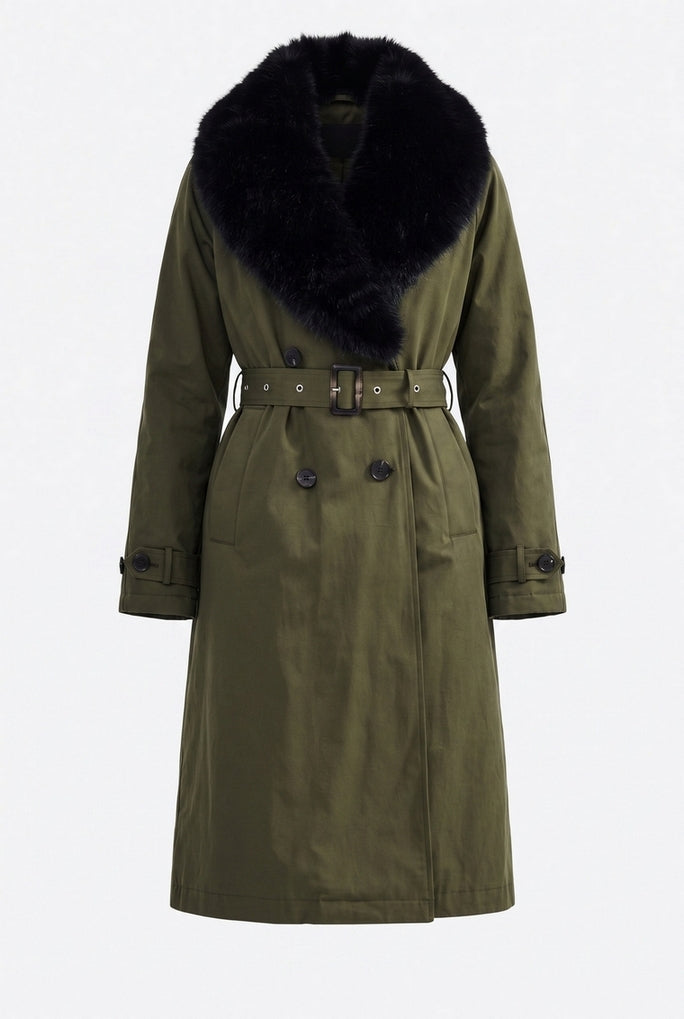 trench con collo in eco-pelliccia 