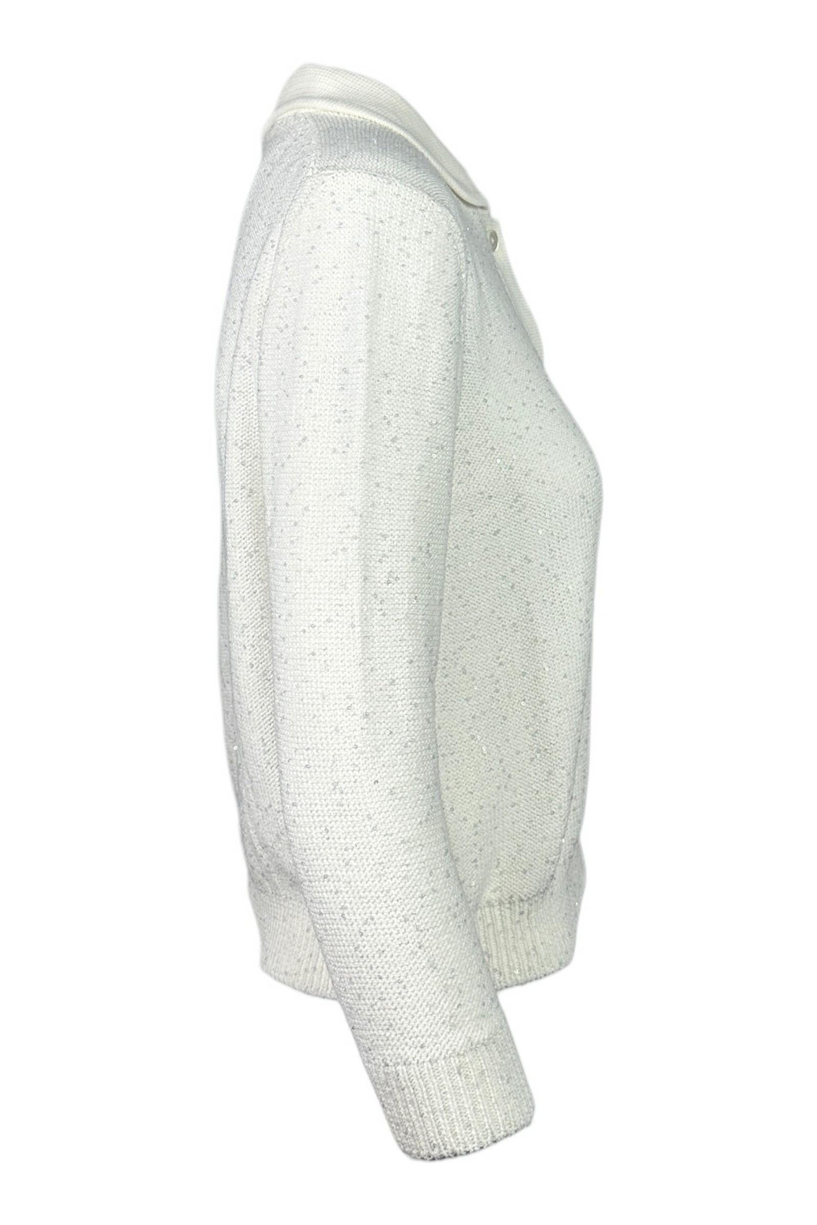 cardigan donna modello polo con paillettes bianco 