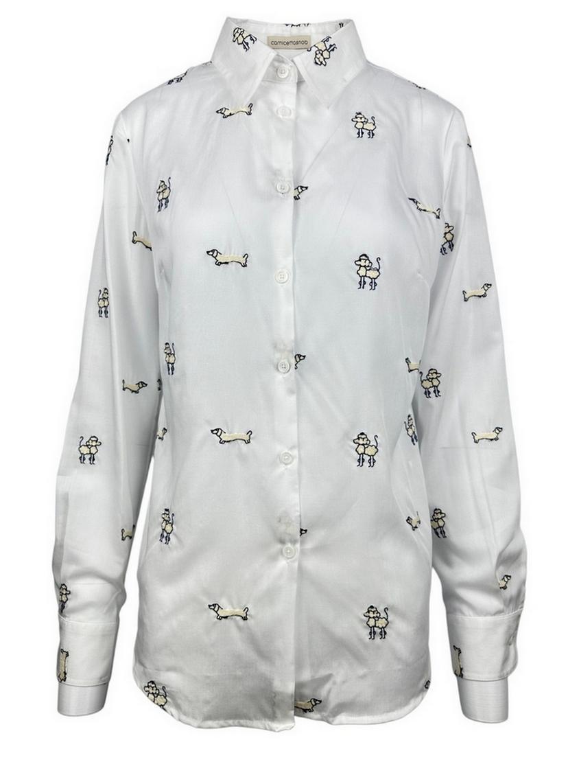 camicia donna con ricamo cani bianca e beige 