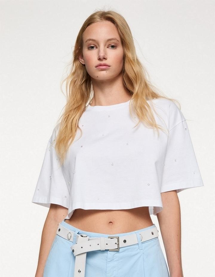T-shirt cropped donna strass bianca 