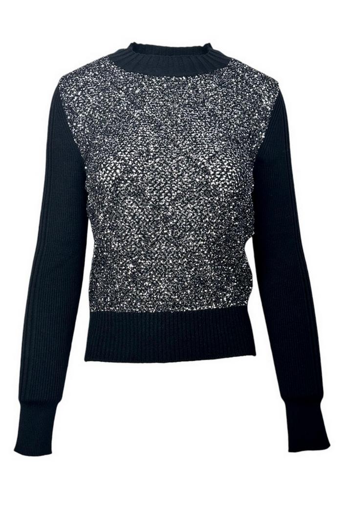 maglia donna paillettes più costine nera 