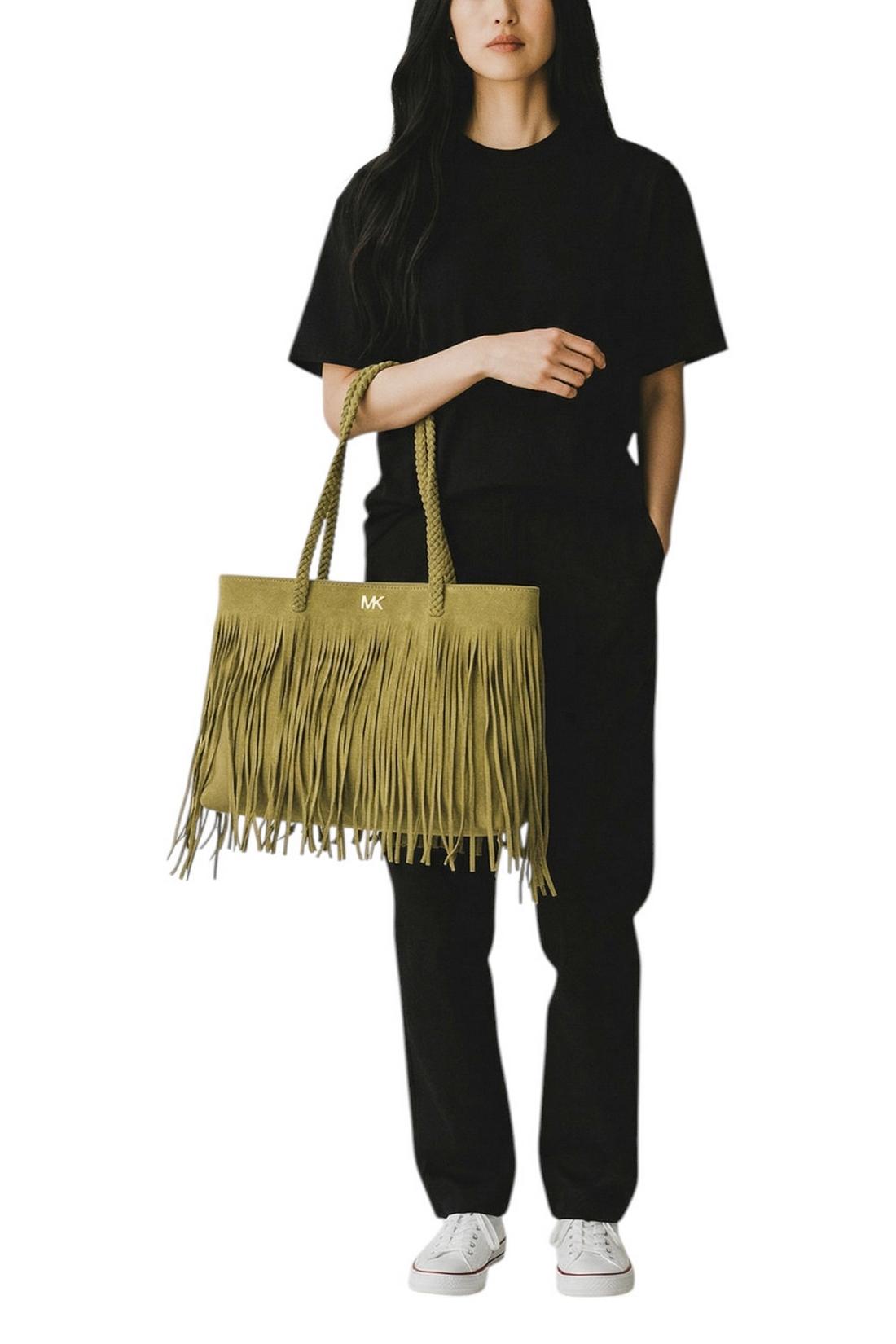 shopping donna in eco-daino con frange cammello 