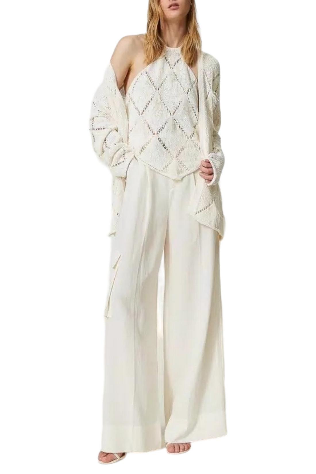 Pantaloni donna wide leg in tela di misto lino avorio 