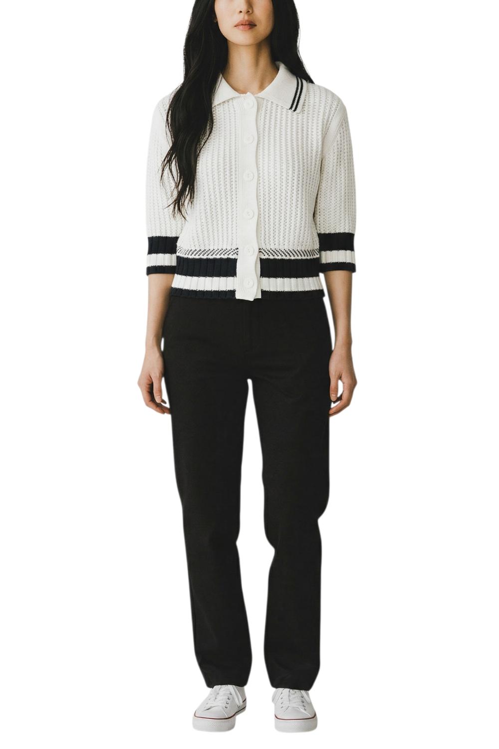 cardigan donna a polo bianca e blu 