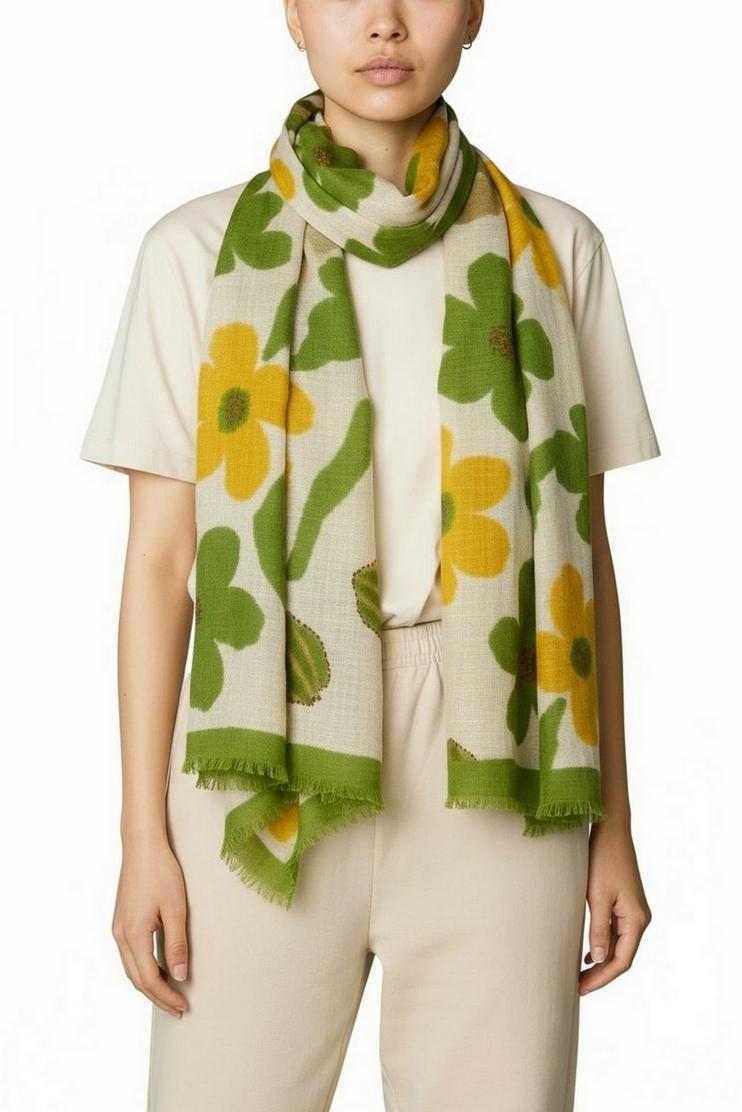 sciarpa donna a fiori beige e verde 