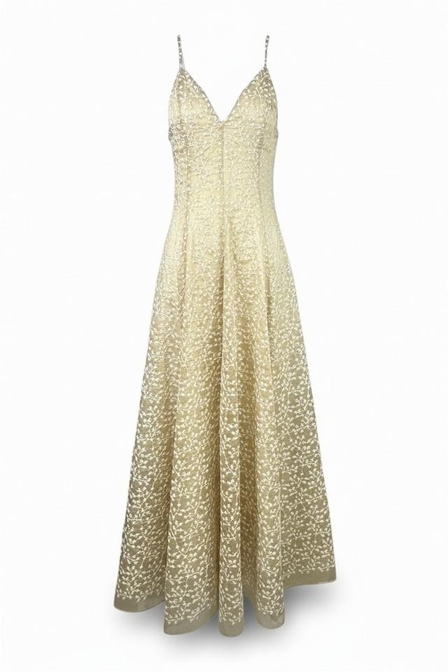 abito donna in chiffon ricamato beige e bianco 