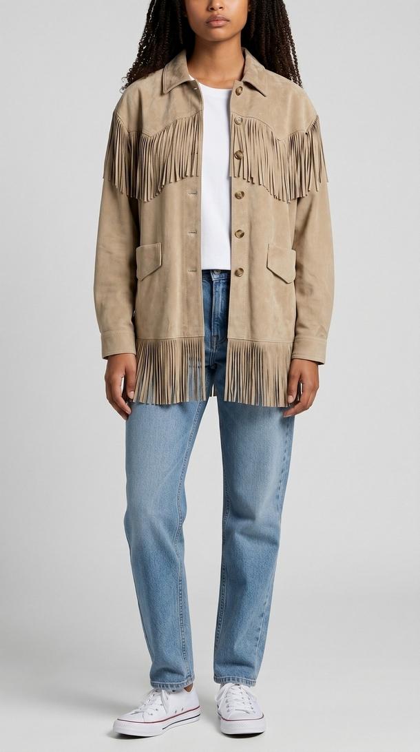 giacca donna in pelle con frange beige 