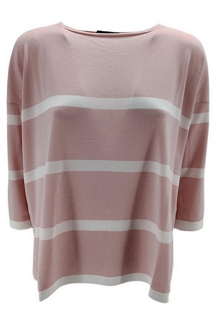 t-shirt donna a scatola fantasia a righe bianco e rosa 