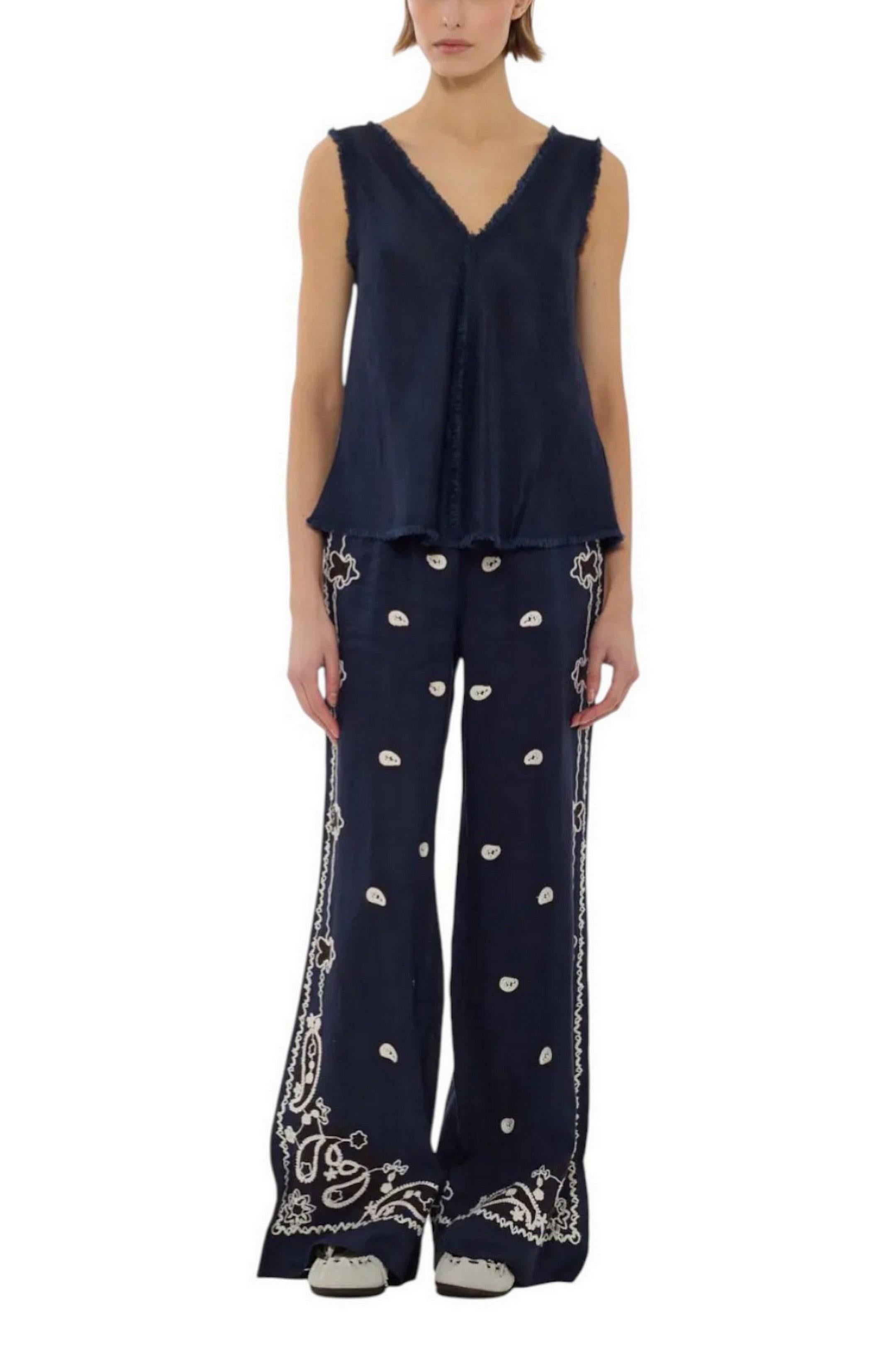 pantalone donna in lino ricamato blu marrone e bianco 