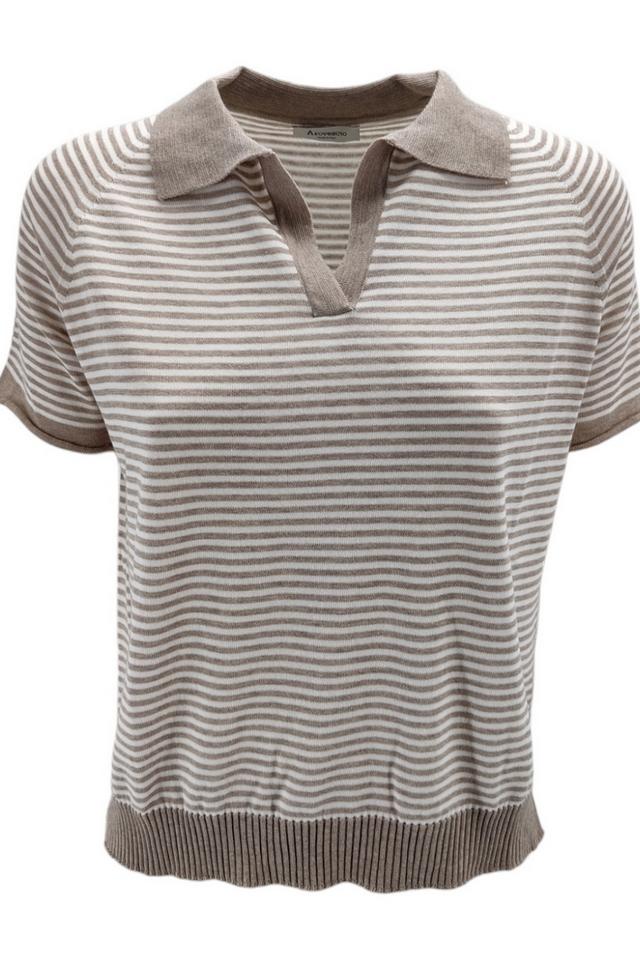 polo donna a righe bianco e beige modello a ovetto 