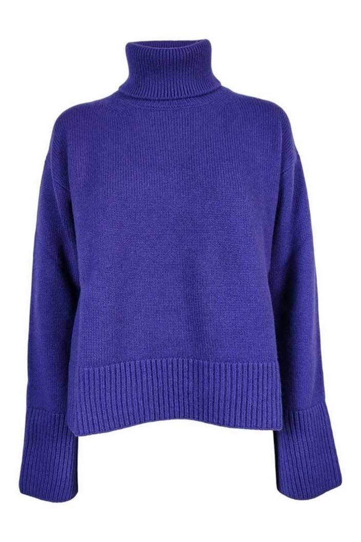 Maglia donna collo alto con bordi a coste viola 