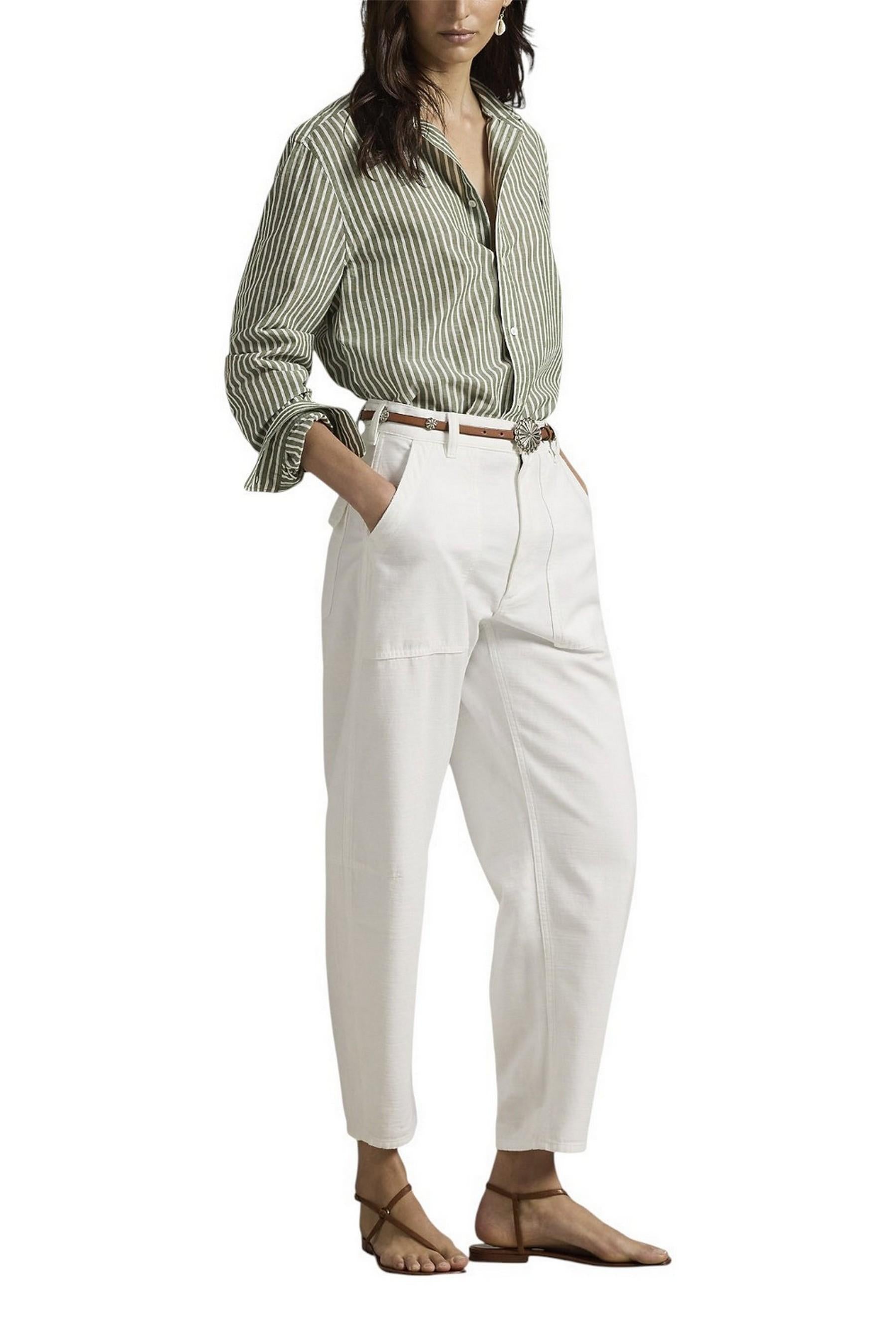 camicia donna in lino e cotone over a righe militare e bianco 