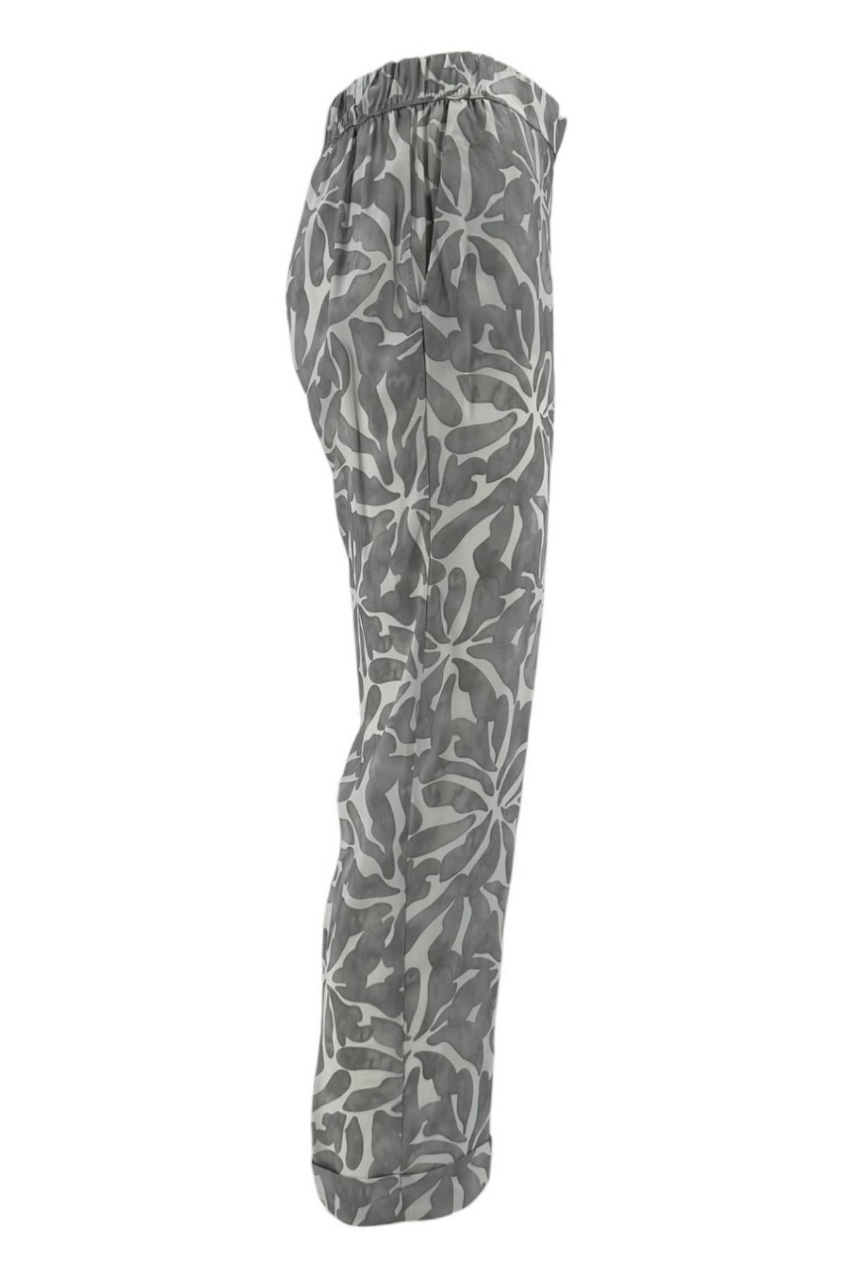 pantalone donna in viscosa fantasia foglie grigio e bianco 