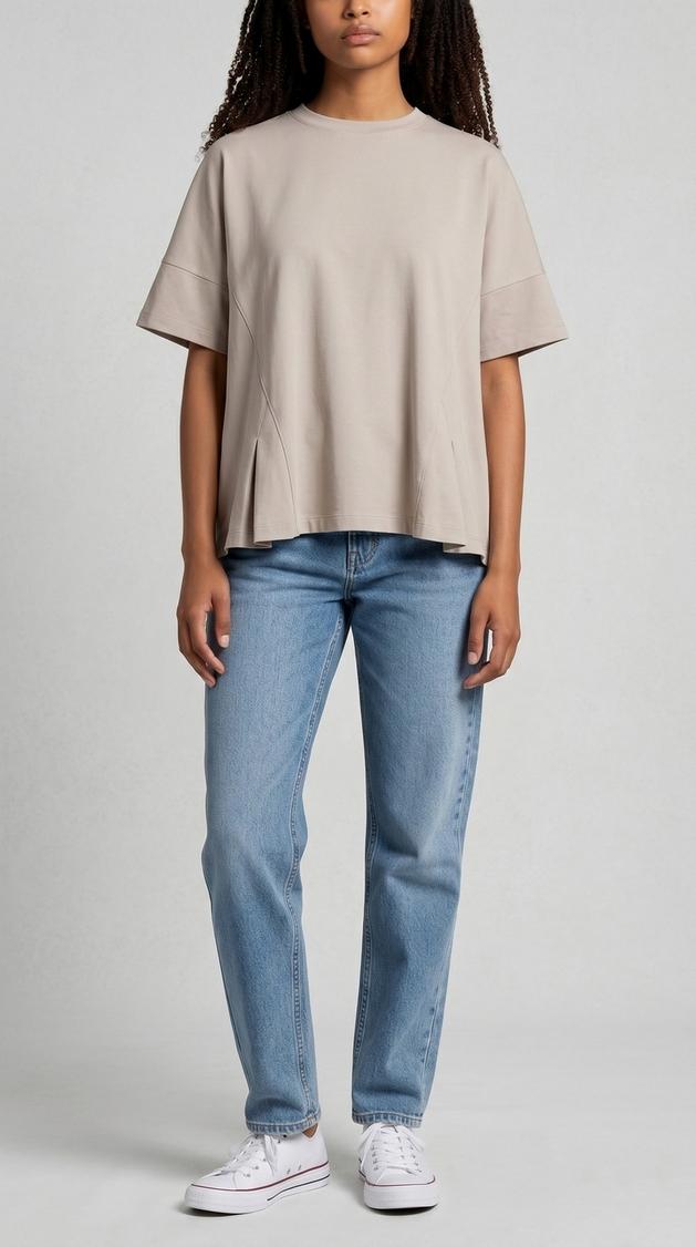 t-shirt donna mezza manica a scatola in cotone cipria 