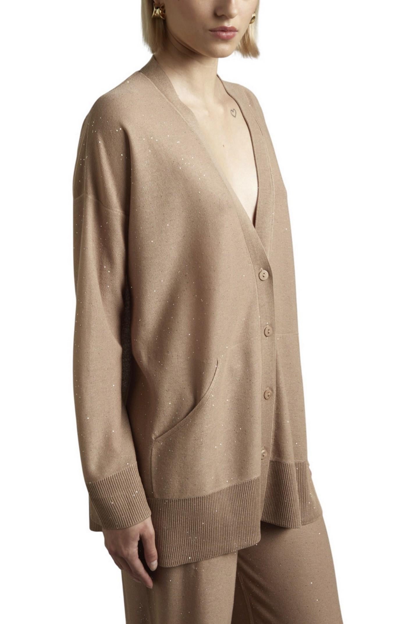 cardigan donna over con punti luce cammello 