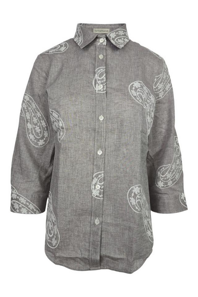 camicia donna con ricami paisley tortora e bianco 