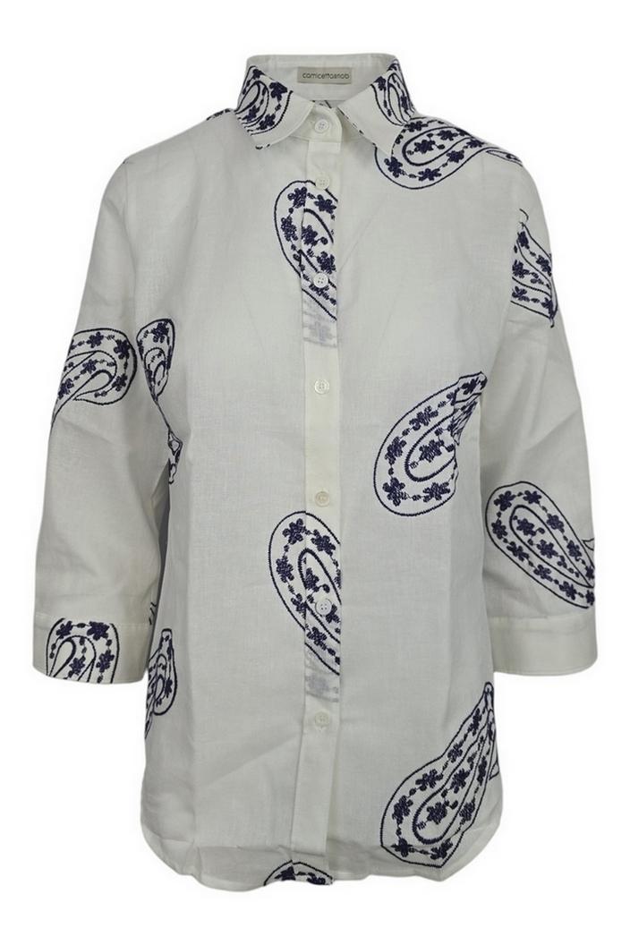 camicia donna con ricami paisley bianco e blu 
