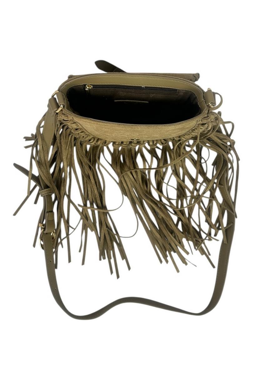 tracollina donna  in eco camoscio con frange sabbia 
